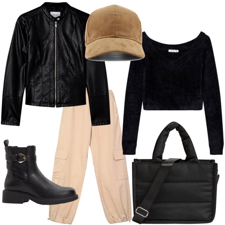 Outfit donna - Tendenza cargo. Stile Basic per Scuola/Università. Abbinamento con stivaletti chelsea, shopping bag, giacche, pantaloni cargo, maglieria, cappelli con visiera.