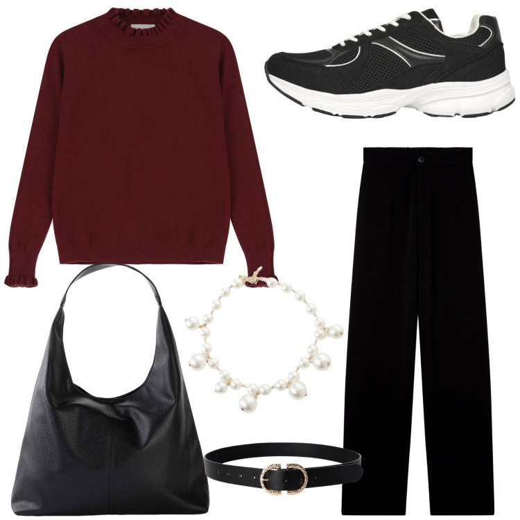 Outfit donna - Street style. Stile Urban per Tutti i giorni. Abbinamento con shopping bag, cinture, pantaloni, sneakers, maglieria, collane.