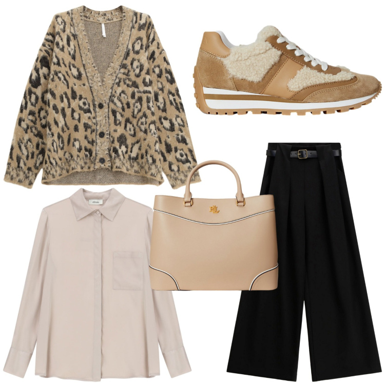 Outfit donna - Animalier protagonista. Stile Casual chic per Tutti i giorni. Abbinamento con cardigans, camicie, pantaloni a palazzo, borse a mano, sneakers.