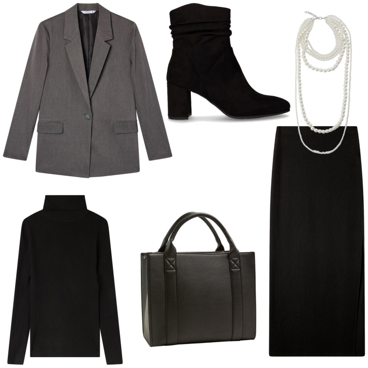 Outfit donna - Riunione in azienda. Stile Chic per Ufficio. Abbinamento con gonne lunghe, maglieria, blazer, borse tote, collane, stivaletti.