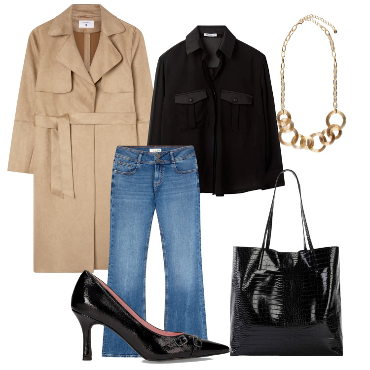 Outfit donna - Elegante col trench. Stile Chic per Serata fuori. Abbinamento con shopping bag, jeans a zampa, trench, camicie, décolleté, collane.