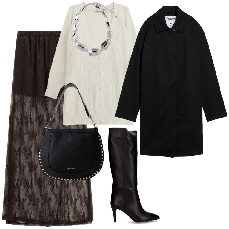 Outfit donna - Trasparenza con eleganza. per Serata fuori. Abbinamento con trench, borse a spalla, gonne lunghe, cardigans, stivali, ciondoli.