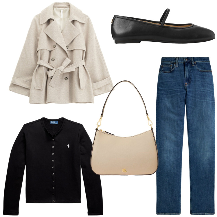 Outfit donna - Urban chic. Stile Chic per Tutti i giorni. Abbinamento con trench, borse a spalla, cardigans, jeans dritti, ballerine.