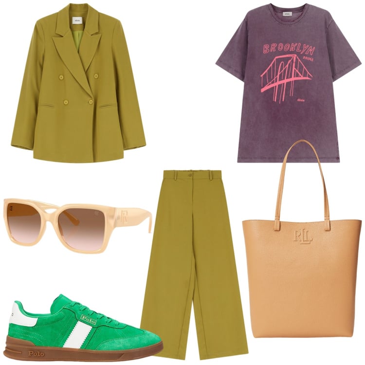 Outfit donna - Autunno a colori vivaci. Stile Casual chic per Tutti i giorni. Abbinamento con pantaloni, t-shirt, sneakers, occhiali da sole, borse tote.