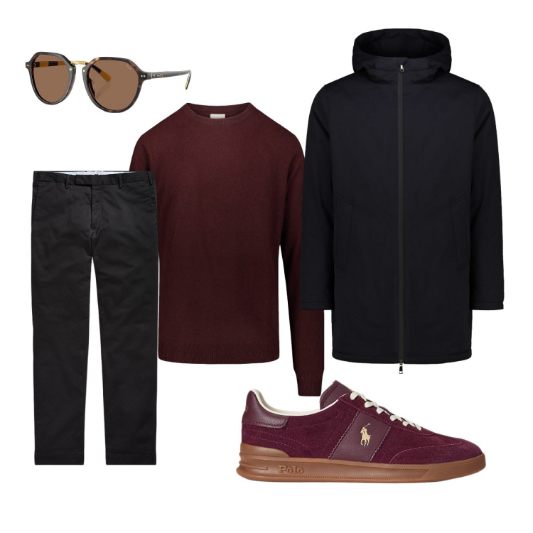 Outfit uomo - In città. Stile Trendy per Tutti i giorni. Abbinamento con sneakers, pantaloni chino, occhiali da sole, maglieria, parka.