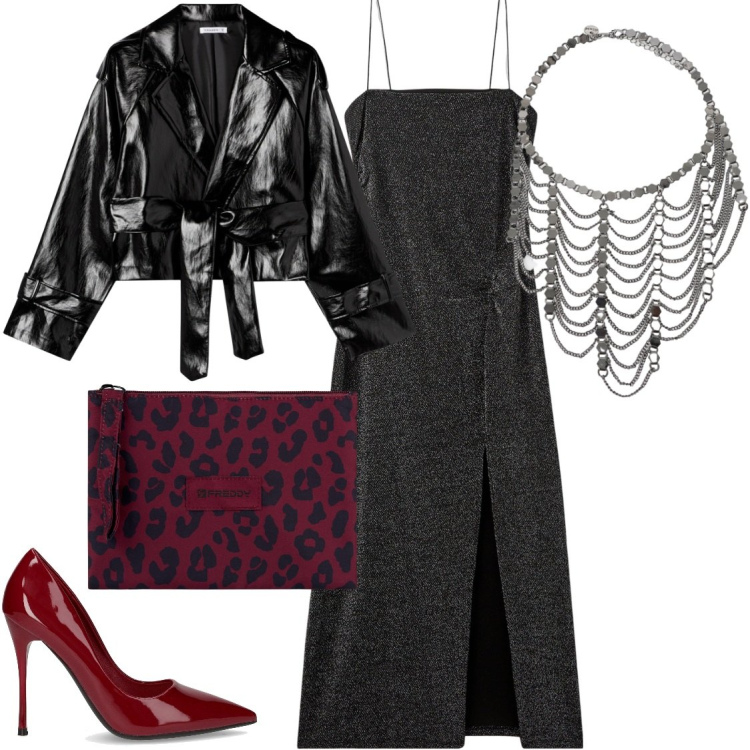 Outfit donna - Halloween party. Stile Glamour per Serata fuori. Abbinamento con vestiti lunghi, giacche, clutch, collane, décolleté.