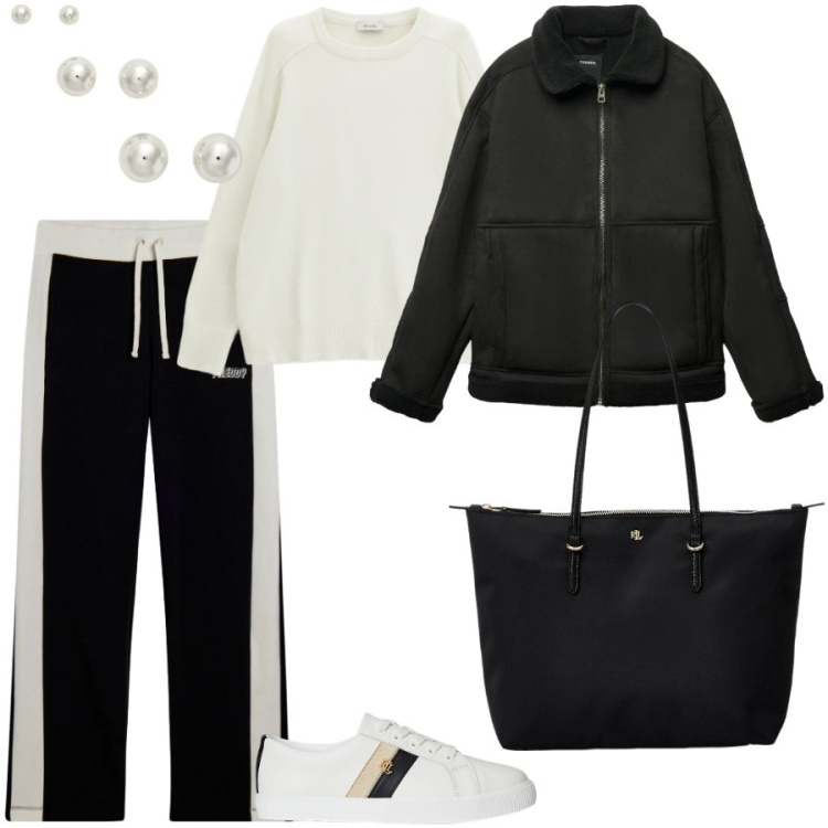 Outfit donna - Relax. Stile Sporty chic per Tutti i giorni. Abbinamento con giacche, pullovers, pantaloni, borse tote, sneakers, orecchini.
