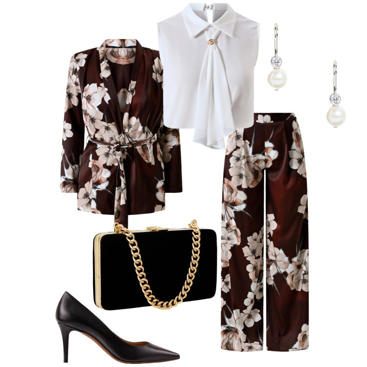 Outfit donna - Total look #2263001. Stile Romantica per Cerimonia. Abbinamento con pantaloni a palazzo, cappotti, top, clutch, décolleté, orecchini.