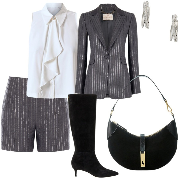 Outfit donna - Trendy ed elegante. Stile Glamour per Serata fuori. Abbinamento con shorts, blazer, camicie, borse a spalla, orecchini, stivali.