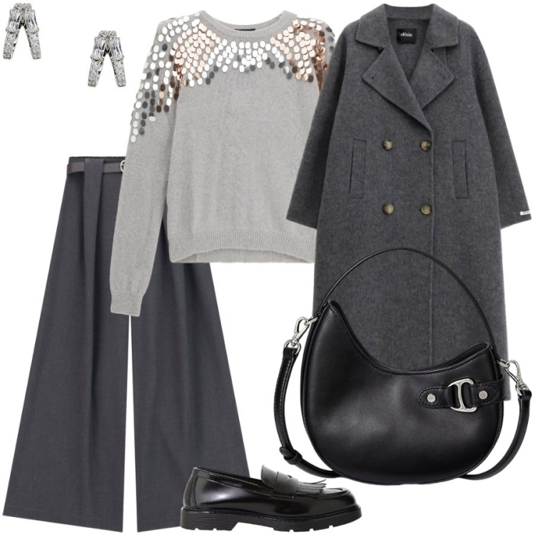Outfit donna - Total grey. Stile Casual chic per Serata fuori. Abbinamento con pantaloni, mocassini, pullovers, cappotti, orecchini, borse a tracolla.