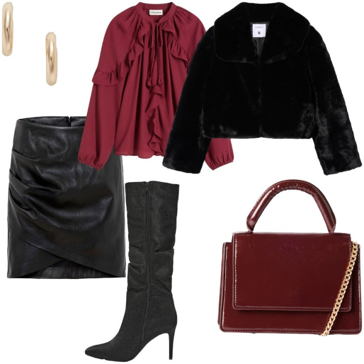 Outfit donna - Saturday. Stile Glamour per Serata fuori. Abbinamento con bluse, minigonne, borse a tracolla, stivali, ecopellicce, orecchini.