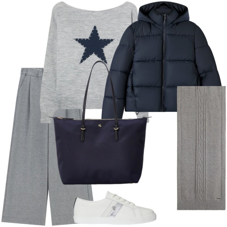 Outfit donna - Comfy and warm. Stile Sporty chic per Tutti i giorni. Abbinamento con bomber, maglieria, sciarpe, pantaloni a palazzo, borse tote, sneakers.