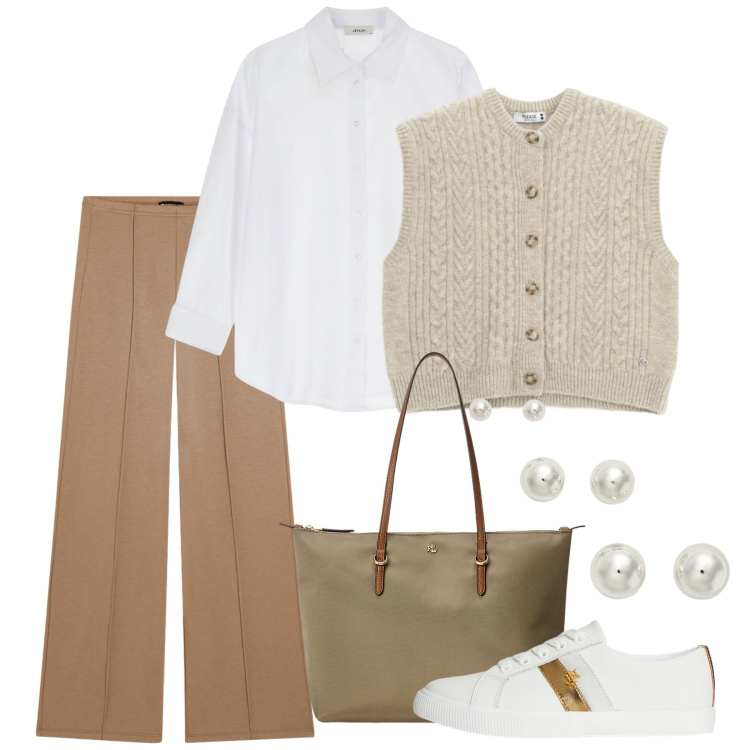 Outfit donna - Minimal autunnale. Stile Minimal per Ufficio. Abbinamento con gilet, camicie, pantaloni, sneakers, borse tote, orecchini.