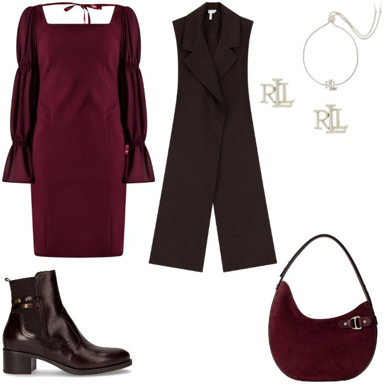 Outfit donna - Autunnale romantica. Stile Romantica per Serata fuori. Abbinamento con vestiti a tubino, gilet, orecchini, braccialetti, borse a spalla, stivaletti.