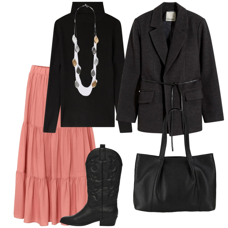 Outfit donna - Giorno e sera. per Tutti i giorni. Abbinamento con gonne longuette, shopping bag, blazer, stivaletti texani, maglieria, collane.