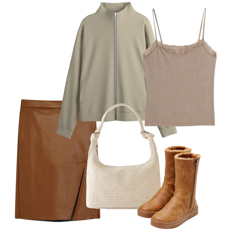 Outfit donna - bonprix - Neutral by Nature. Stile Bon Ton per Scuola/Università. Abbinamento con blazer, stivali, gonne longuette, canottiere, shopping bag.