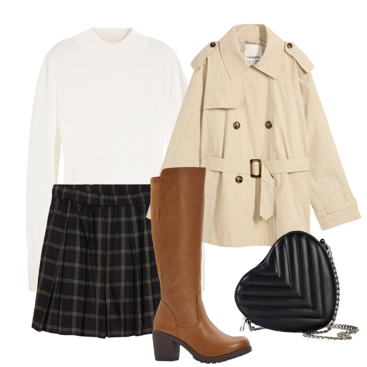 Outfit donna - bonprix - Neutral by Nature. Stile Bon Ton per Ufficio. Abbinamento con maglieria, stivali, borse a tracolla, trench, gonne.