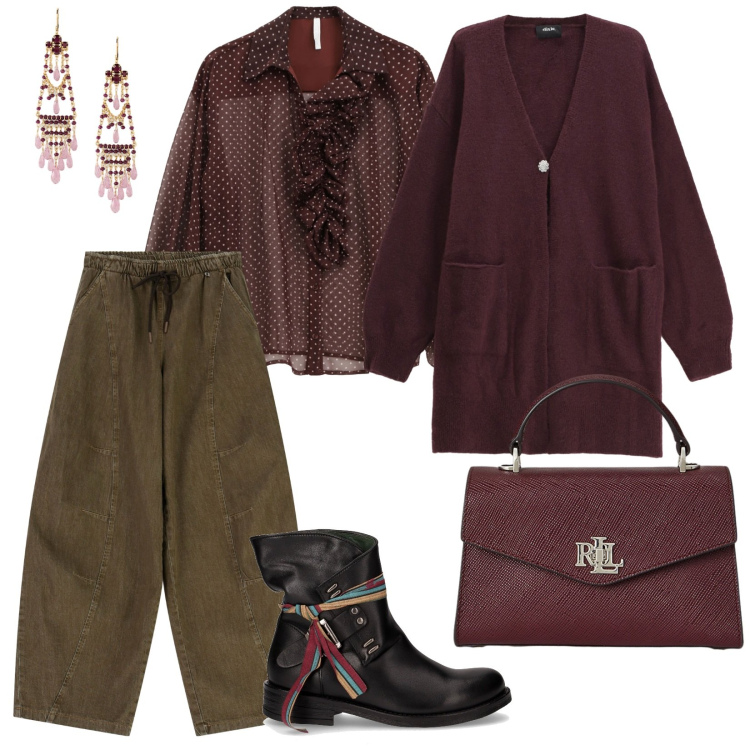 Outfit donna - A lavoro. per Ufficio. Abbinamento con camicie, pantaloni a palazzo, cardigans, orecchini, borse a mano, anfibi.