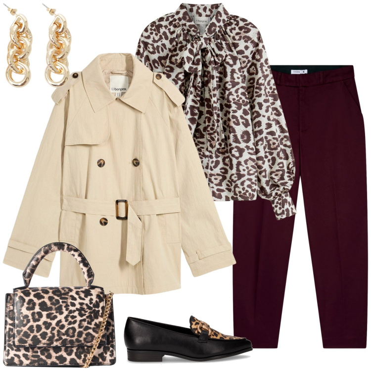 Outfit donna - Trench low cost. Stile Casual chic per Ufficio. Abbinamento con camicie, trench, pantaloni chino, borse a tracolla, orecchini, mocassini.