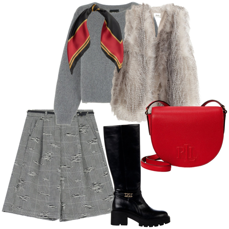 Outfit donna - Stivali e pelliccia. per Tutti i giorni. Abbinamento con gilet, pullovers, shorts, stivali sopra il ginocchio, foulard, borse a tracolla.