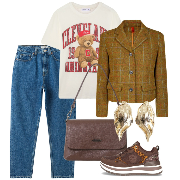 Outfit donna - Bantoa - Fall Mid Season Sale. Stile Casual chic per Tutti i giorni. Abbinamento con t-shirt, jeans mom, borse a tracolla, orecchini, sneakers, blazer.