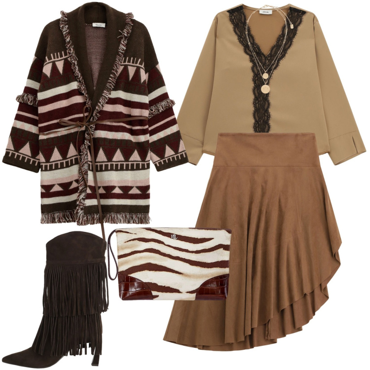 Outfit donna - Total look #2263033. Stile Urban per Serata fuori. Abbinamento con gonne longuette, cappotti, stivali, bluse, ciondoli, pochette.