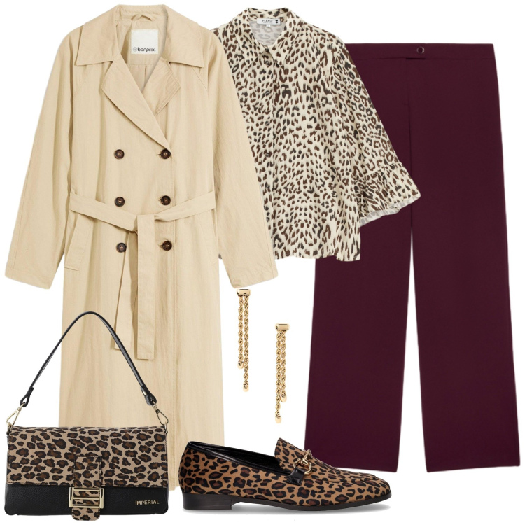 Outfit donna - Trench middle cost. Stile Casual chic per Ufficio. Abbinamento con trench, camicie, borse a spalla, orecchini, mocassini, pantaloni.