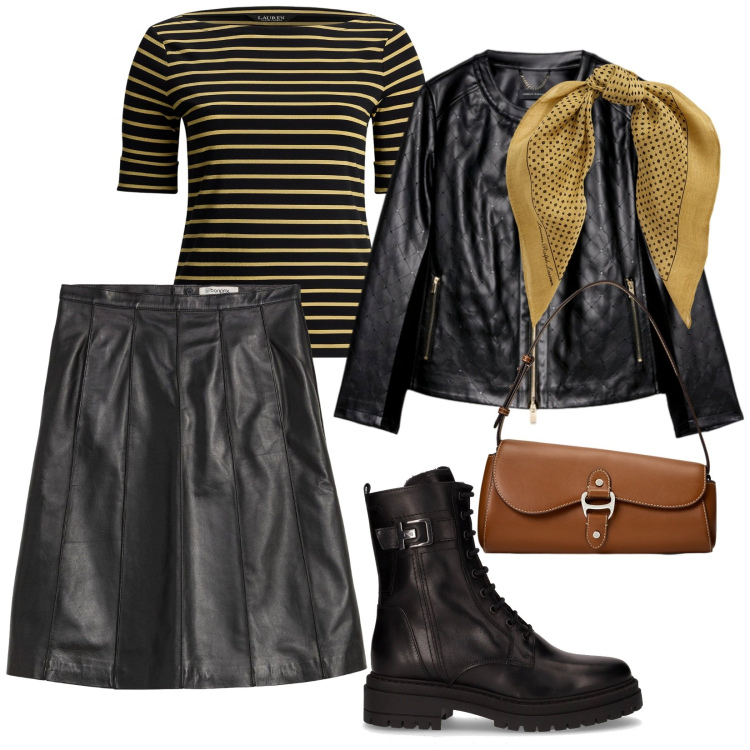 Outfit donna - Over 50. per Serata fuori. Abbinamento con gonne, foulard, borse a spalla, t-shirt, giacche, anfibi.