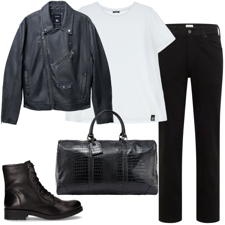 Outfit uomo - Total look #2263038. Stile Biker Rock per Tutti i giorni. Abbinamento con jeans dritti, giacche, t-shirt, borse sportive, stivali e stivaletti.