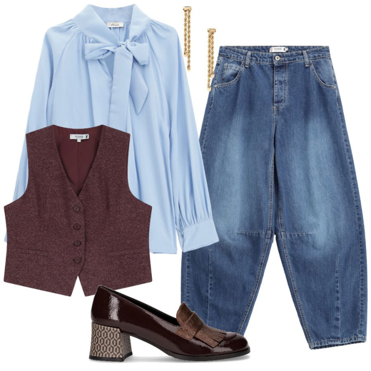 Outfit donna - Tocco d\'azzurro. Stile Casual chic per Tutti i giorni. Abbinamento con jeans, gilet, bluse, orecchini, mocassini.