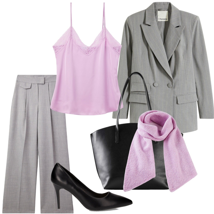 Outfit donna - Look distintivo. Stile Bon Ton per Ufficio. Abbinamento con shopping bag, blazer, sciarpe, top, pantaloni, décolleté.