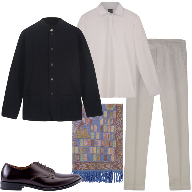 Outfit uomo - Toni neutri. Stile Business/Elegante per Tutti i giorni. Abbinamento con sciarpe, scarpe stringate, pantaloni, polo, giacche.