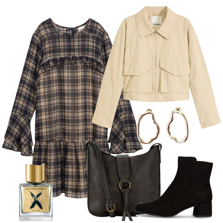Outfit donna - Ottobre. Stile Romantica per Tutti i giorni. Abbinamento con borse a tracolla, vestiti, trench, profumi, orecchini, stivaletti.