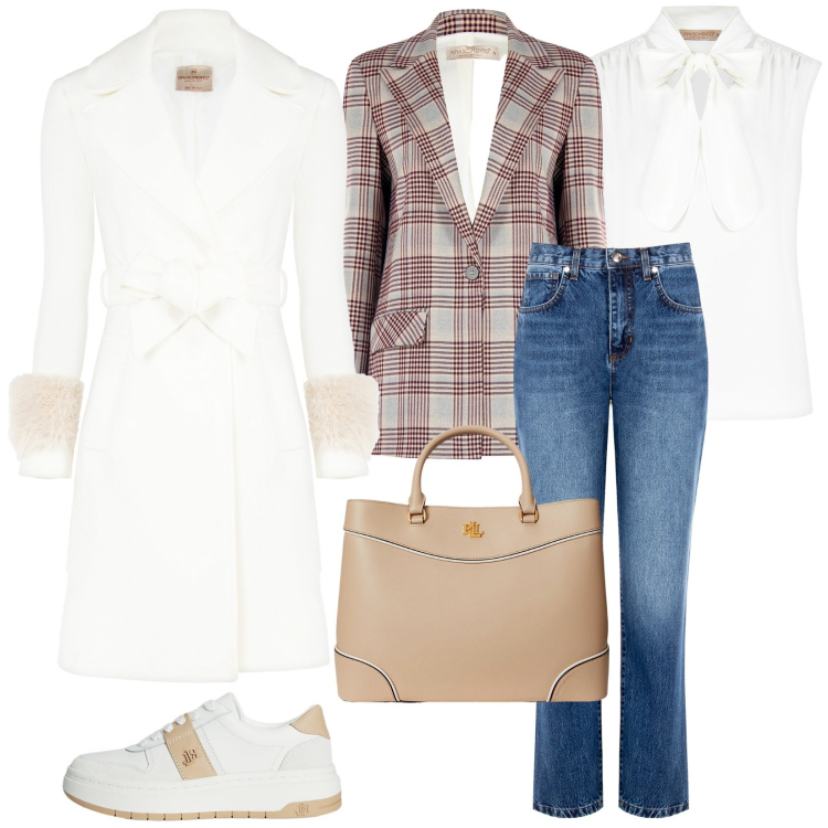Outfit donna - Total look #2263046. Stile Casual per Tutti i giorni. Abbinamento con top, jeans boyfriend, blazer, cappotti, borse a mano, sneakers.