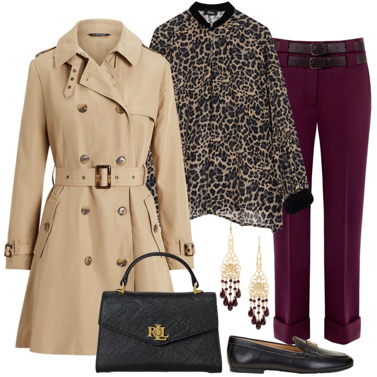 Outfit donna - Trench High cost. Stile Casual chic per Ufficio. Abbinamento con camicie, pantaloni, trench, mocassini, borse a mano, orecchini.