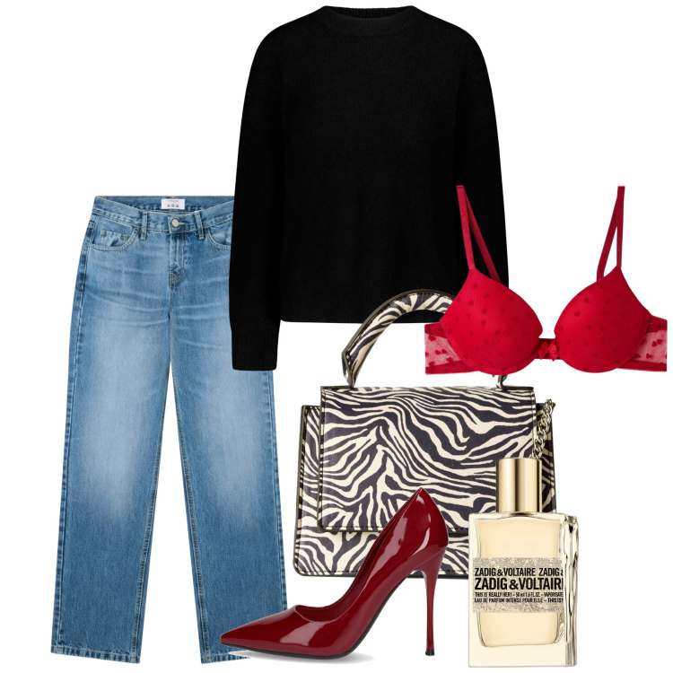 Outfit donna - Ottobre casual chic. Stile Casual chic per Tutti i giorni. Abbinamento con profumi, reggiseni push-up, borse a tracolla, jeans dritti, maglieria, décolleté.