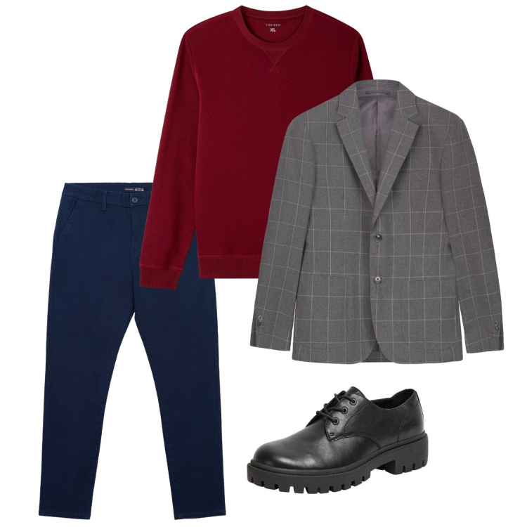 Outfit uomo - Ottobre. Stile Casual per Tutti i giorni. Abbinamento con scarpe stringate, felpe, pantaloni chino, giacche.