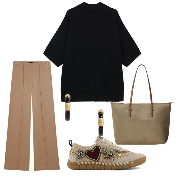 Outfit donna - Total look #2263051. Stile Sporty chic per Tutti i giorni. Abbinamento con maglieria, pantaloni, borse tote, orecchini, sneakers.