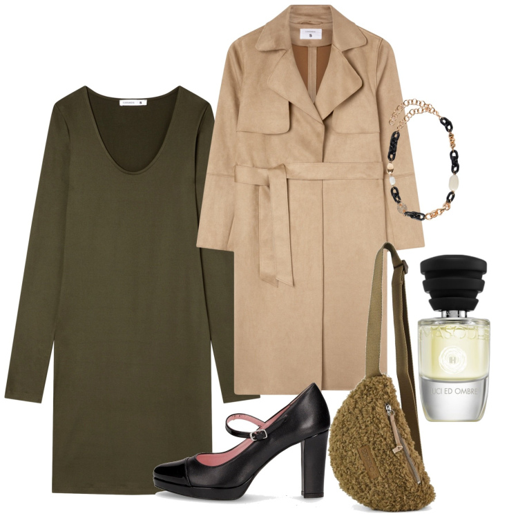 Outfit donna - Ottobre in città. Stile Bon Ton per Ufficio. Abbinamento con profumi, vestiti, trench, décolleté, marsupi, collane.
