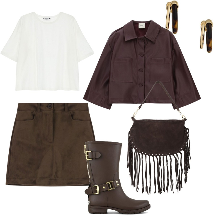 Outfit donna - Total look #2263056. Stile Urban per Tutti i giorni. Abbinamento con t-shirt, minigonne, borse a tracolla, blazer, orecchini, stivali.
