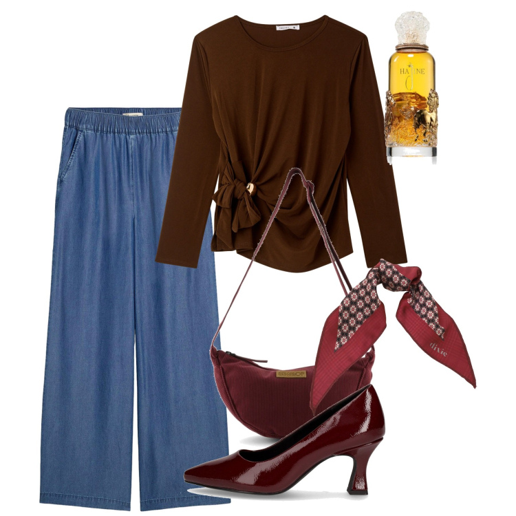 Outfit donna - Autunno col foulard. Stile Casual chic per Tutti i giorni. Abbinamento con pantaloni, profumi, bluse, foulard, borse a tracolla, décolleté.