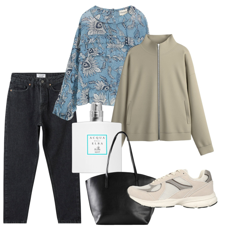 Outfit donna - In città. Stile Casual per Tutti i giorni. Abbinamento con blazer, bluse, shopping bag, profumi, jeans mom, sneakers.