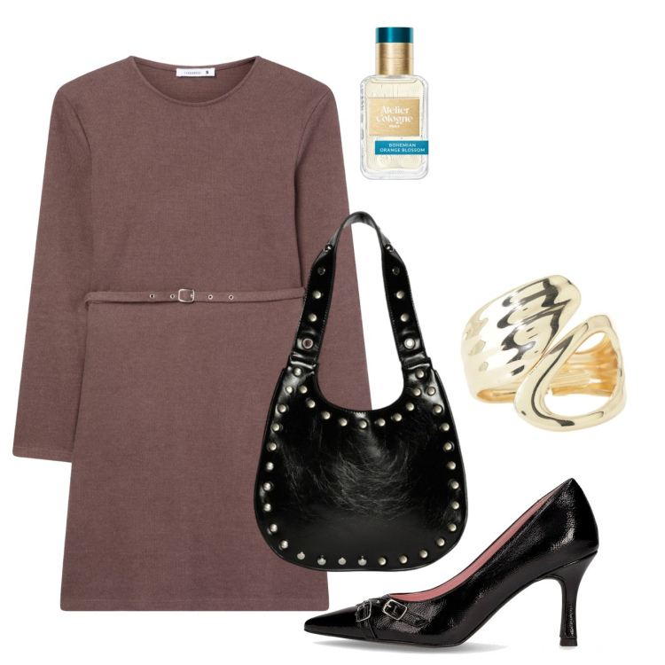 Outfit donna - Tocco rock. Stile Chic per Ufficio. Abbinamento con profumi, vestiti midi/longuette, anelli, décolleté, borse a spalla.