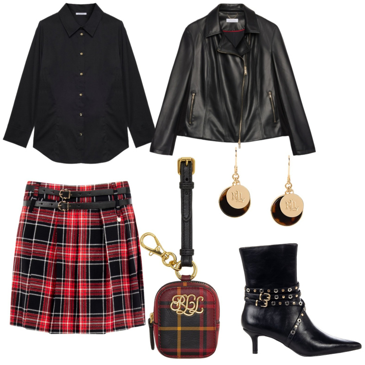 Outfit donna - Pomeriggio alternativo. Stile Mannish per Tutti i giorni. Abbinamento con minigonne, stivaletti, orecchini, pochette, camicie, giacche.