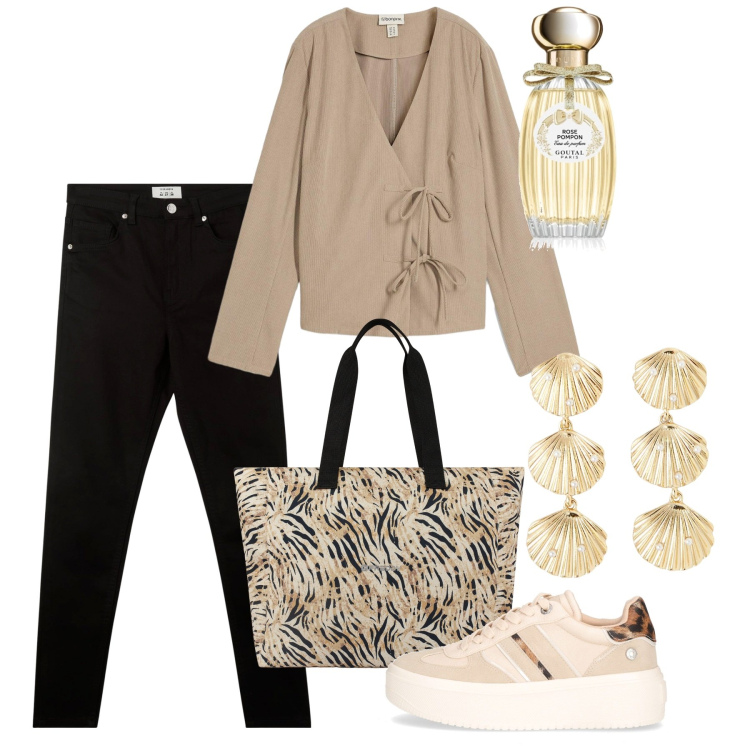 Outfit donna - La blusa japan. Stile Casual chic per Tutti i giorni. Abbinamento con bluse, profumi, pantaloni skinny, orecchini, shopping bag, sneakers.