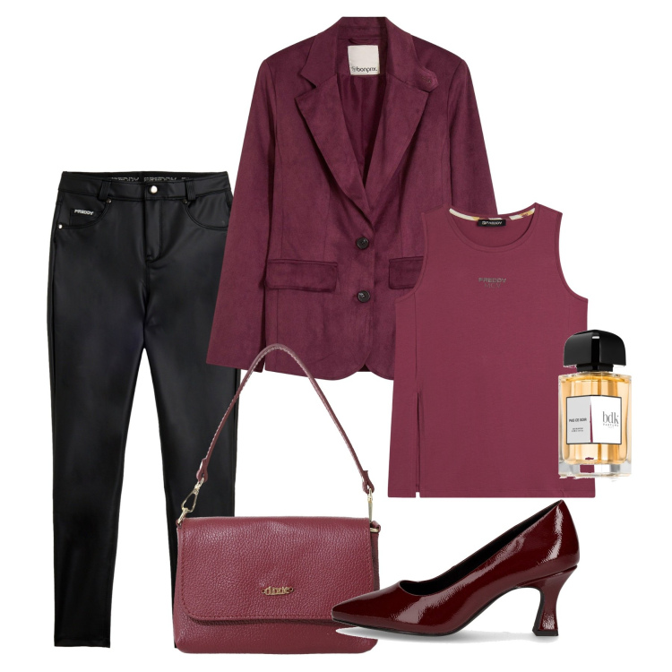 Outfit donna - Serata. Stile Casual chic per Serata fuori. Abbinamento con blazer, profumi, borse a tracolla, pantaloni skinny, canottiere, décolleté.