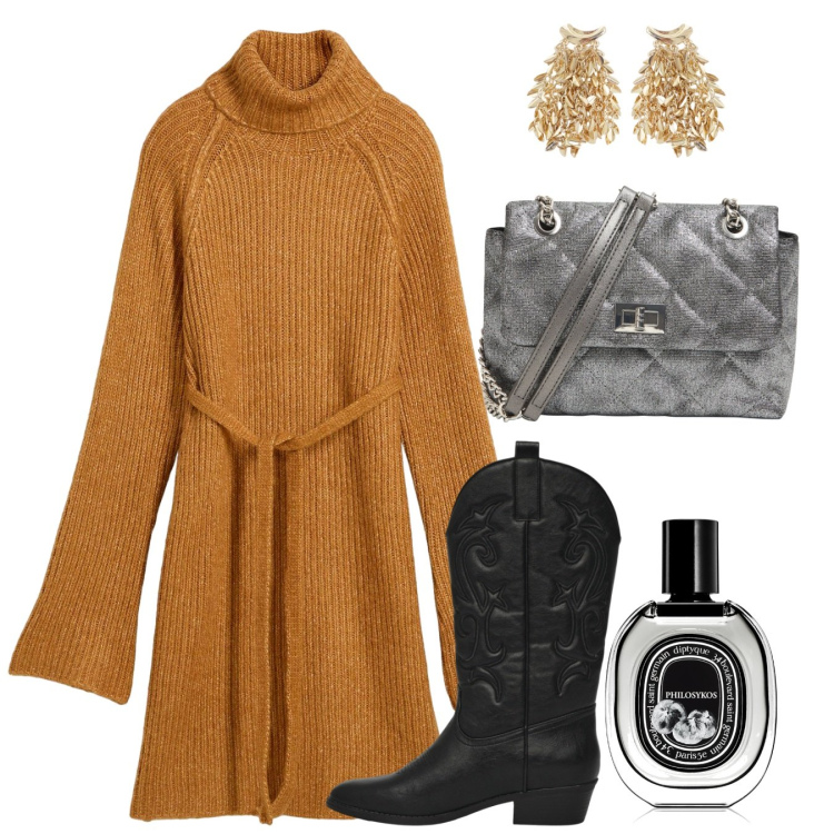 Outfit donna - Autunno inoltrato. Stile Bon Ton per Tutti i giorni. Abbinamento con vestiti corti, profumi, stivaletti texani, borse a tracolla, orecchini.