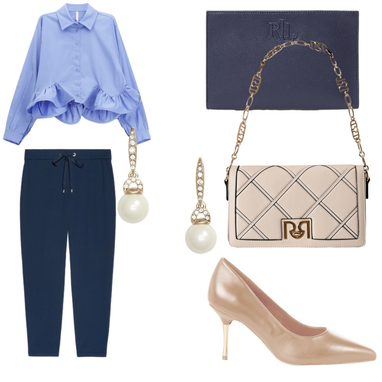 Outfit donna - Ufficio glamour. Stile Trendy per Ufficio. Abbinamento con décolleté, borse a tracolla, camicie, orecchini, pochette, pantaloni.
