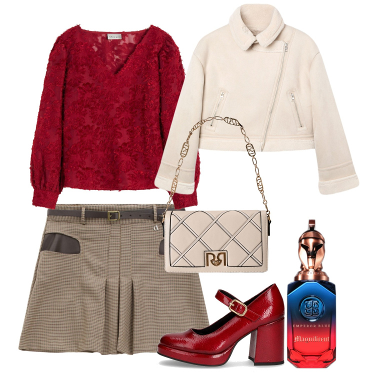 Outfit donna - Ottobre in rosso. Stile Bon Ton per Tutti i giorni. Abbinamento con bluse, profumi, giacche, borse a tracolla, minigonne, décolleté.