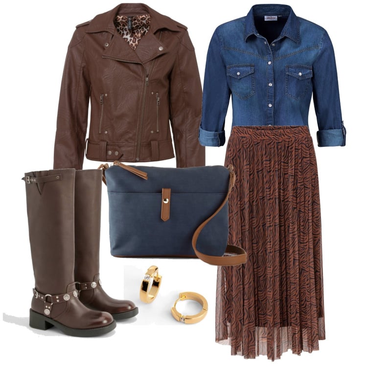 Outfit femme - Octobre. Style Tendance pour Tous les jours. Assortir avec jupes, manteaux, chemisiers, boucles d'oreilles, sacs en bandoulière, cuissardes.